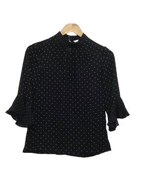 2/40$ H & M crepe blouse tulip sleeves polka dots navy blue white size 2